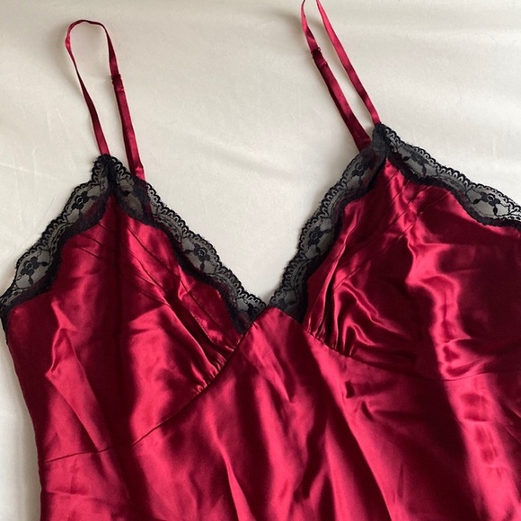 VALERIE STEVENS RED SILK BLACK LACE ELEGANT LINGERIE GOWN ROMANTIC LOUNGE L - Picture 3 of 10
